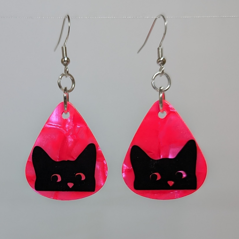 UPCYCLED GUITAR PICK EARRINGS PINK BLACK CAT DESIGN